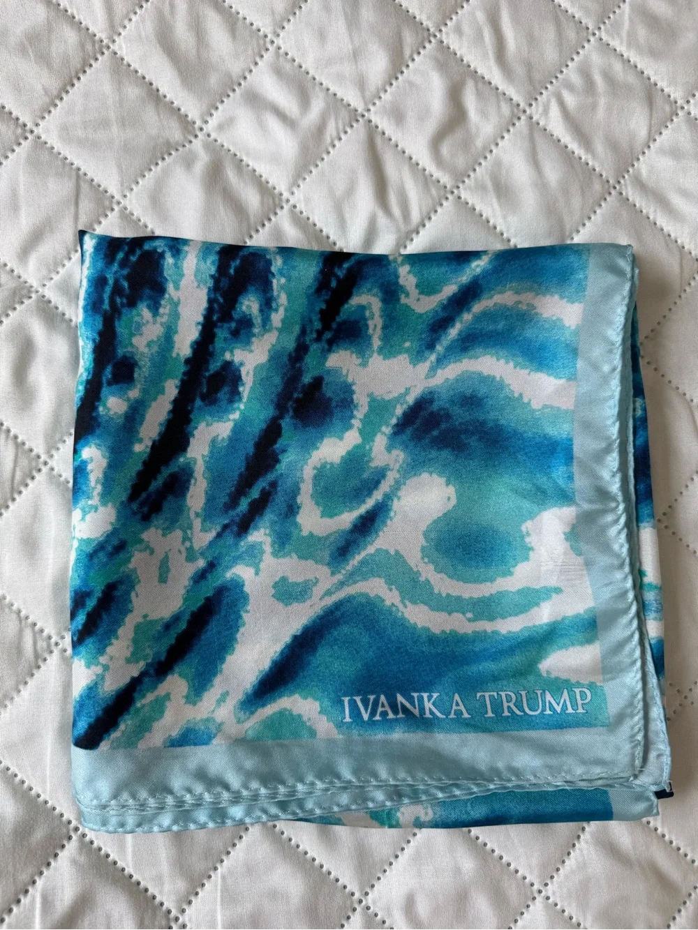 Ivanka Trump Blue Abstract Silk Scarf 35 in Square Watercolor Ocean Print Wrap